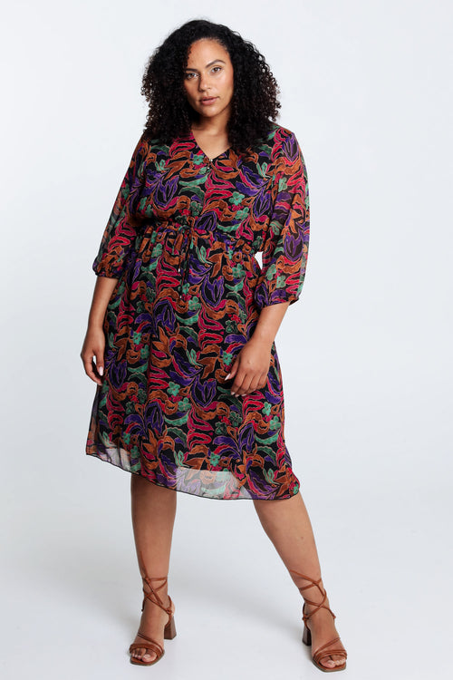 Halflange jurk in voile met print-Paprika-7