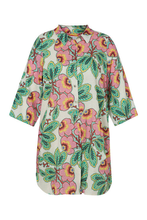 Lange blouse van linnen en viscose met bloemenprint-Paprika-10