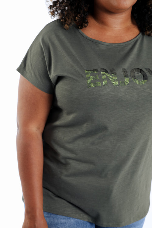Effen katoenen T-shirt Enjoy met pailletten-Paprika-6