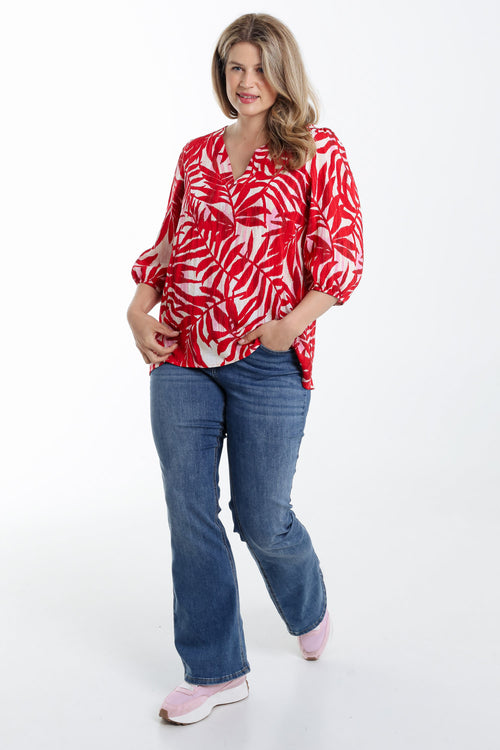 Blouse van viscose met bladerenprint-Paprika-7