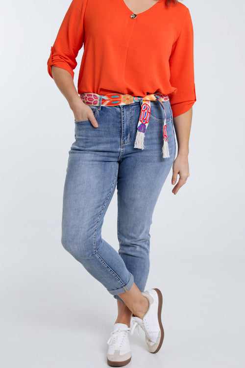 Slimfit jeans 3/4 met riem-Paprika-1