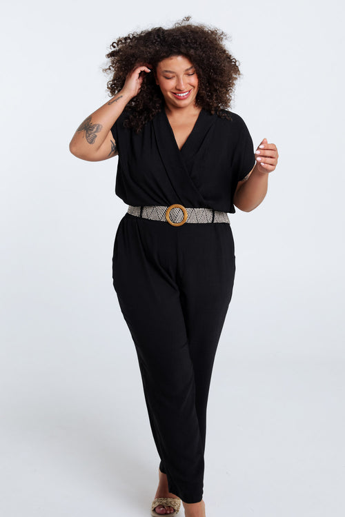 Eénkleurige jumpsuit met riem-Paprika-1