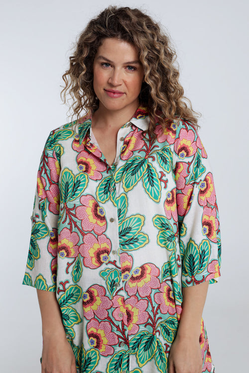 Lange blouse van linnen en viscose met bloemenprint-Paprika-3