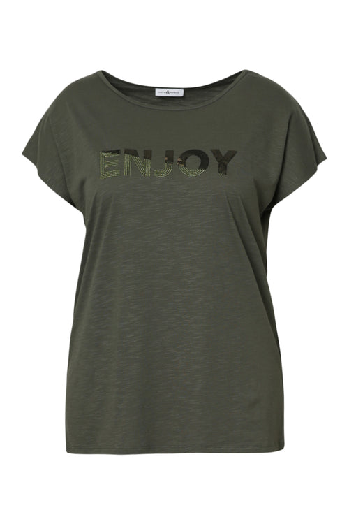 Effen katoenen T-shirt Enjoy met pailletten-Paprika-10