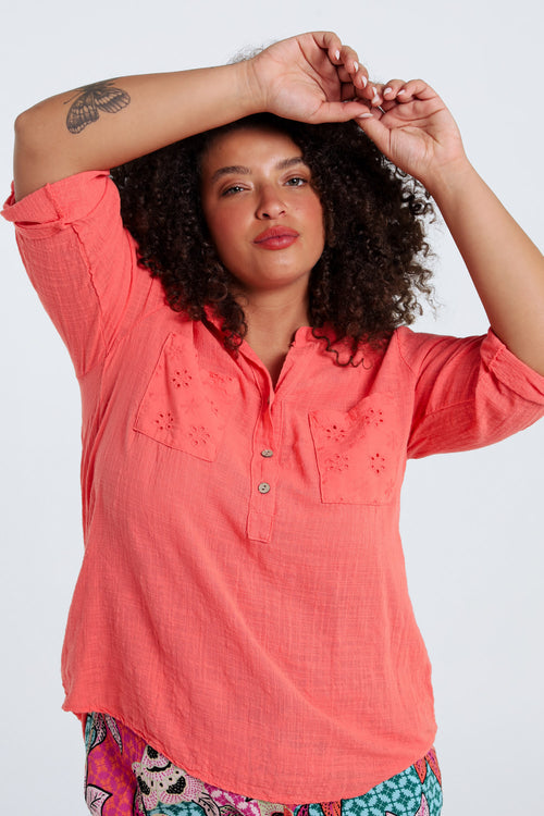 Blouse van effen katoen gaas-Paprika-3