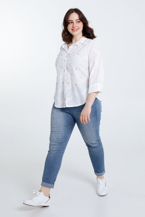 Effen hemd met bladmotief in reliëf en strass-Paprika-7