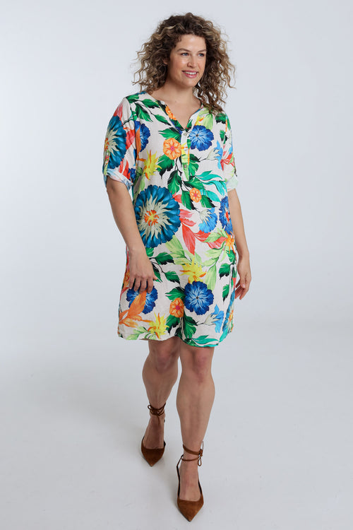 Linnen en viscose tuniek jurk met bloemenprint-Paprika-8