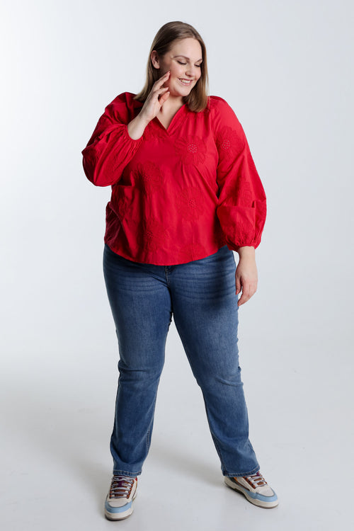 Effen katoenen blouse met geborduurde bloemen-Paprika-9