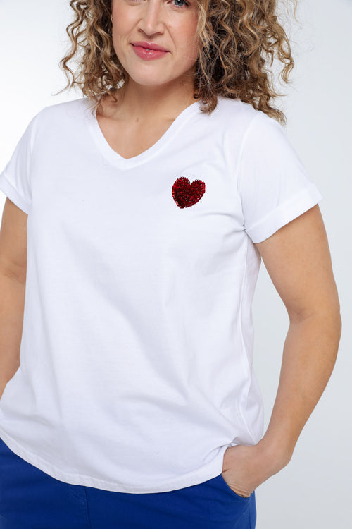 Effen katoenen T-shirt met hart van pailletten-Paprika-6