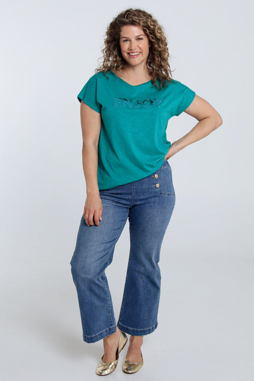 T-shirt uni avec broderie Enjoy et sequins-Paprika-9