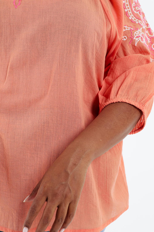 Effen katoenen blouse met borduursels-Paprika-5