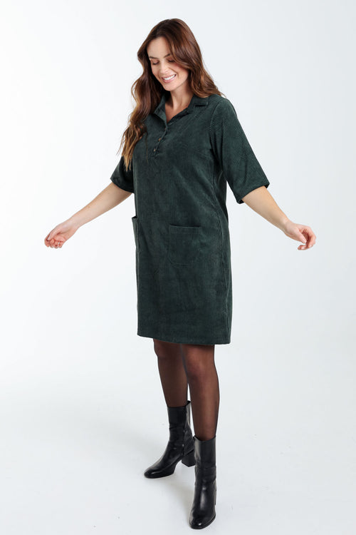 Korte, effen corduroy jurk met opgestikte zakken-Paprika-9