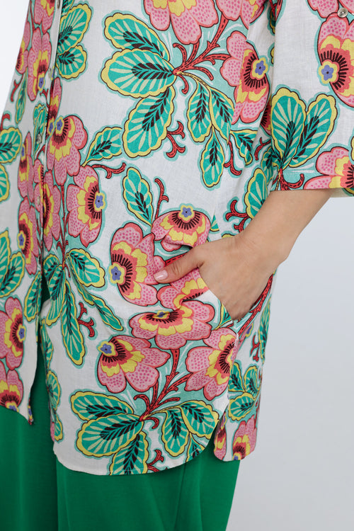 Lange blouse van linnen en viscose met bloemenprint-Paprika-5