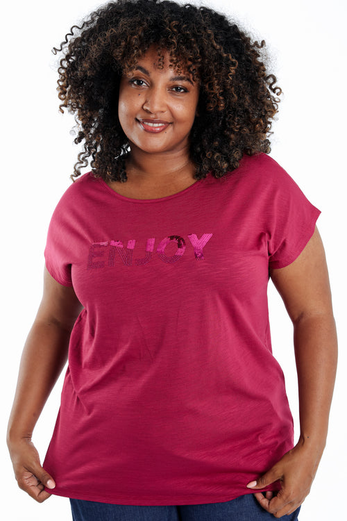 Effen katoenen T-shirt Enjoy met pailletten-Paprika-3