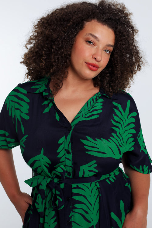 Lange jurk van viscose met bladerenprint-Paprika-3
