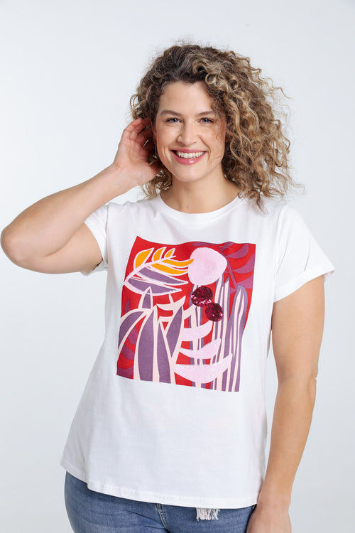 Katoenen T-shirt met gekleurde print en pailletten-Paprika-1