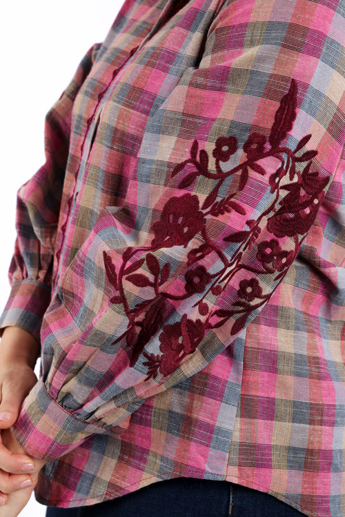 Chemisier en coton à carreaux avec broderies-Paprika-4