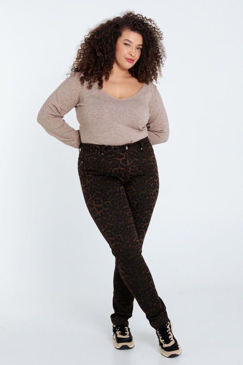 Effen slim jeans met luipaardmotief en 5 zakken-Paprika-9