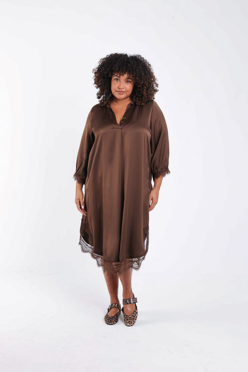 Effen satijnen jurk van viscose met kant-Paprika-7