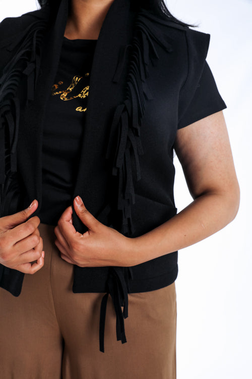 Gilet sans manches uni à franges-Paprika-5