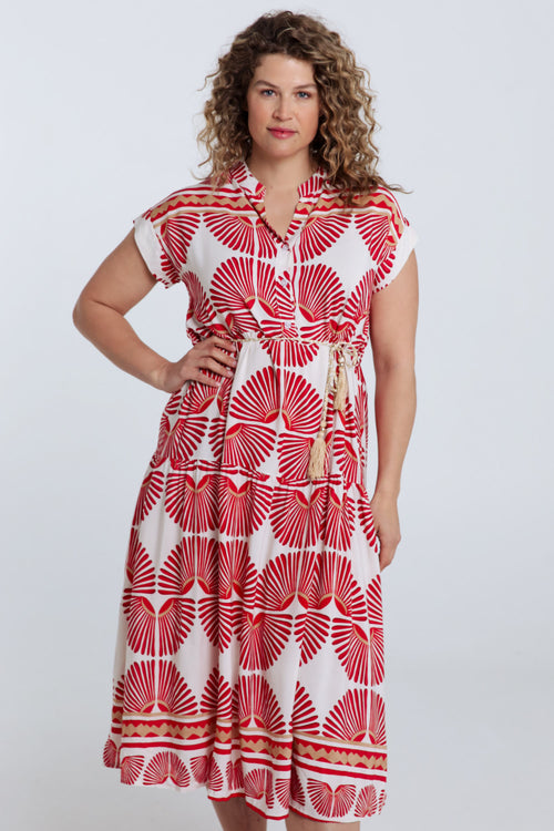 Lang jurk van viscose met bladerenprint-Paprika-2
