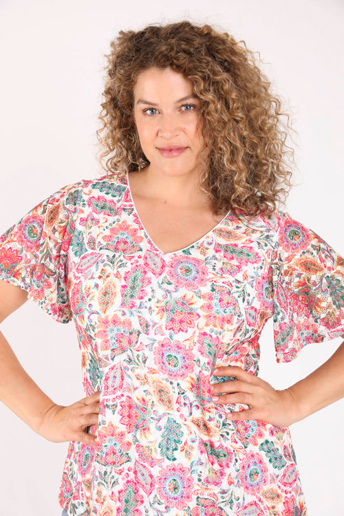 T-shirt van kant met print van Indiase bloemen-Paprika-5