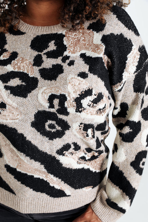Trui met dierenhuidmotief en pailletten-Paprika-7