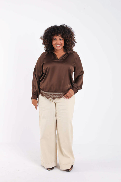 Blouse van viscose met satijneffect, effen met kant-Paprika-7