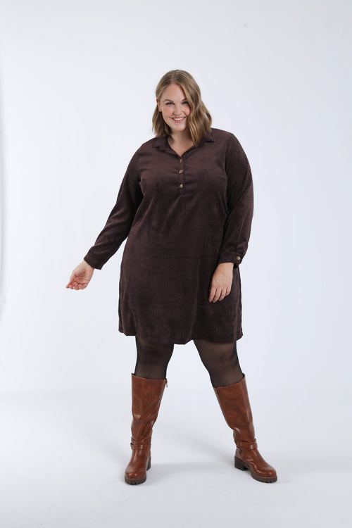 Effen korte jurk van ribfluweel-Paprika-6