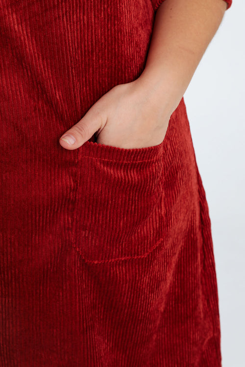 Korte, effen corduroy jurk met opgestikte zakken-Paprika-5