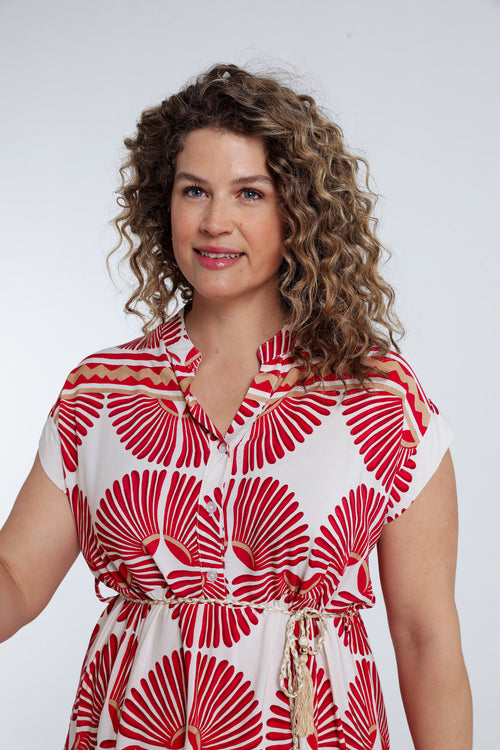 Lang jurk van viscose met bladerenprint-Paprika-3