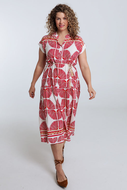 Lang jurk van viscose met bladerenprint-Paprika-8