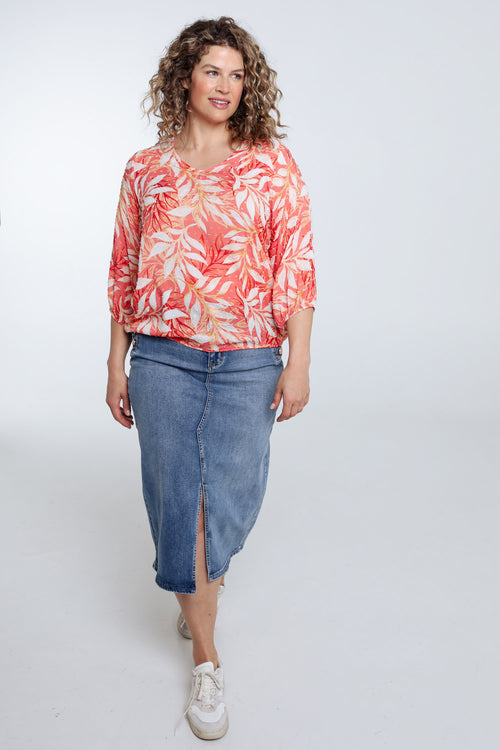 Blouse van viscose met bladerenprint-Paprika-8