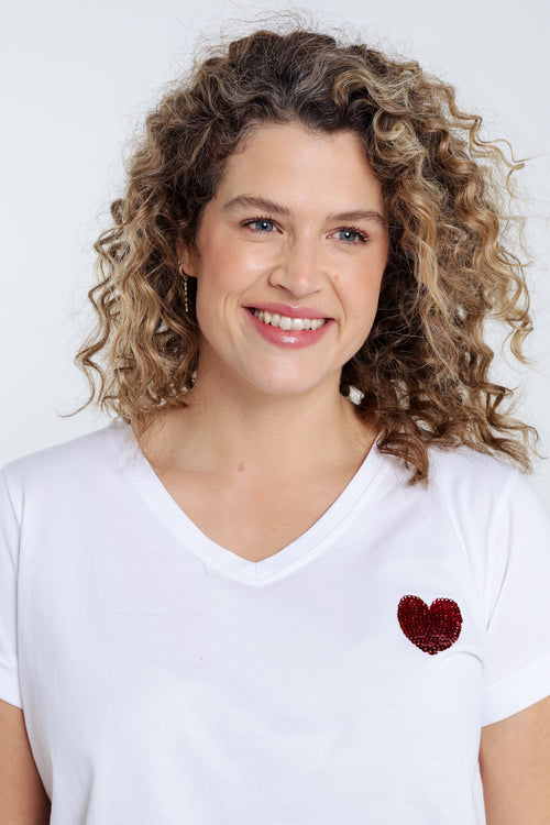 Effen katoenen T-shirt met hart van pailletten-Paprika-4