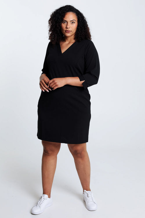 Korte, effen jurk in crêpe met zakken-Paprika-8