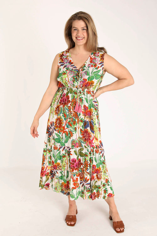 Jurk van viscose met bloemenprint en lurex-Paprika-1