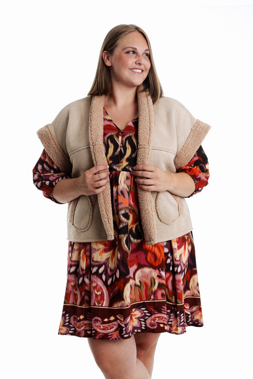Effen gilet met schapenvachtlook-Paprika-1