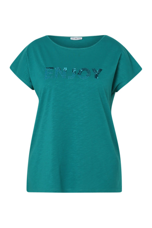 T-shirt uni avec broderie Enjoy et sequins-Paprika-10