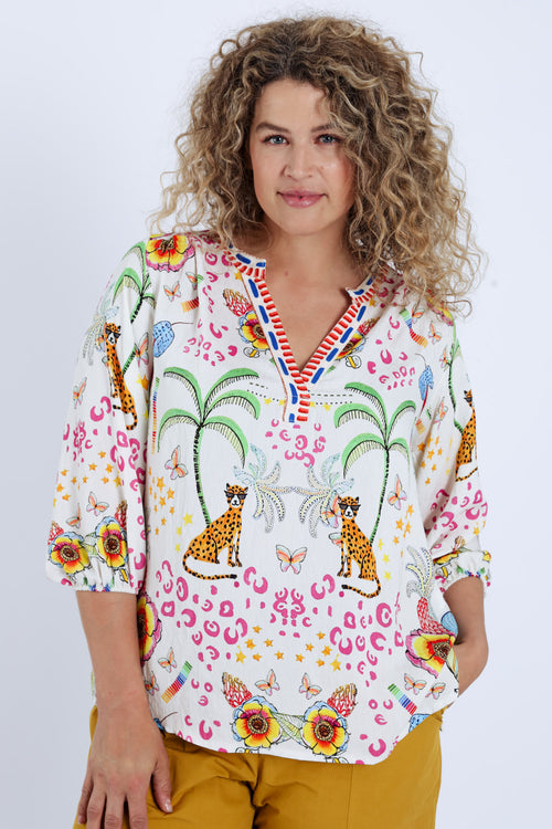 Blouse en viscose imprimé tigres et fleurs-Paprika-1