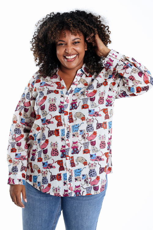 Blouse van katoen met kattenprint-Paprika-1