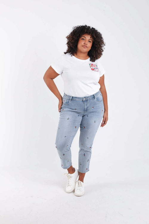 Slim fit jeans Louise 7/8 met bloemenborduursels-Paprika-7