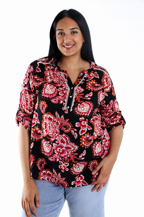 Blouse en coton et viscose imprimé cachemire-Paprika-1