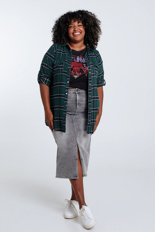 Halflange, effen rok met split vooraan en 5 zakken-Paprika-9