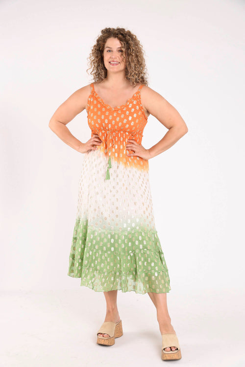 Lange jurk met kleurverloop en folieprint-Paprika-9