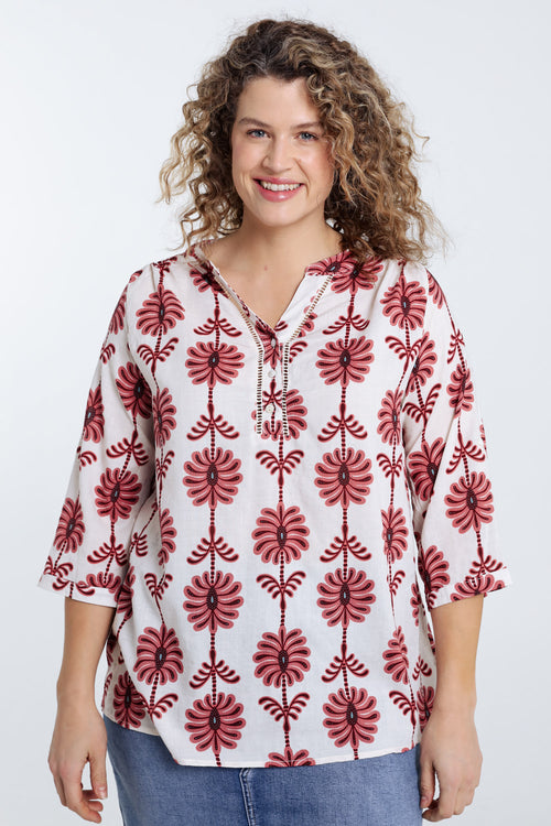 Blouse met opengewerkt detail en tweekleurige print-Paprika-1