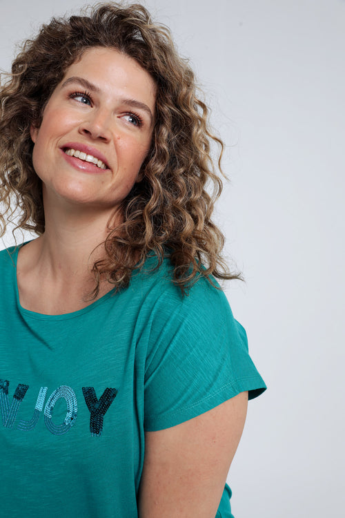 T-shirt uni avec broderie Enjoy et sequins-Paprika-3