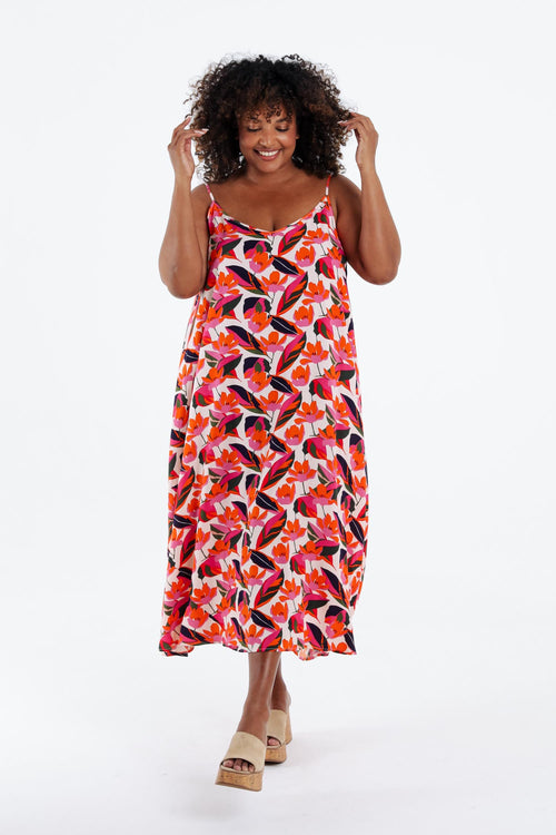 Lange jurk van viscose met dunne bandjes en een bloemenprint-Paprika-8