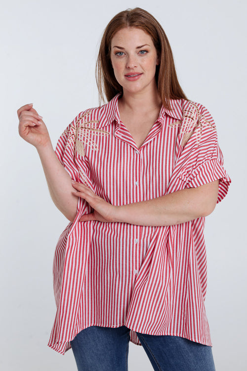 Oversized gestreepte katoenen shirt met borduursels-Paprika-2