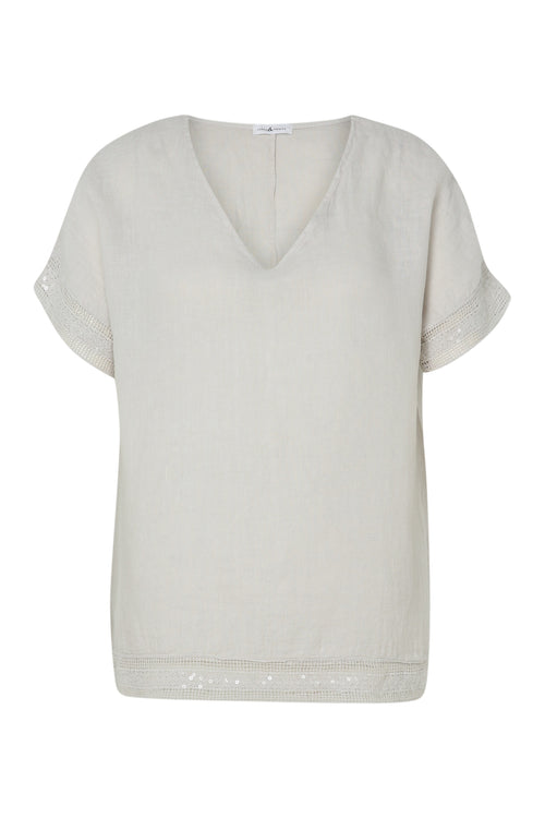 Blouse van effen linnen met sequindetails-Paprika-1