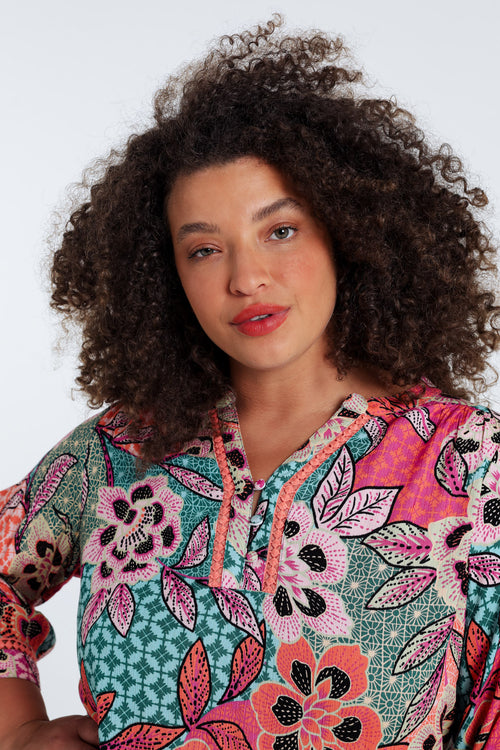 Bloes van viscose met bloemenprint-Paprika-4